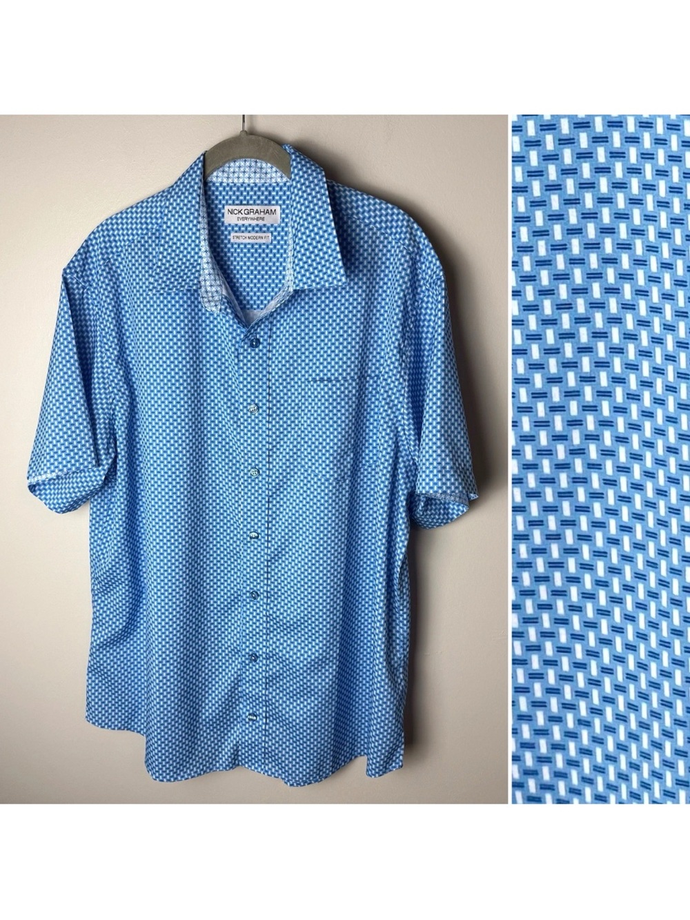 Nick Graham Everywhere Mens Shirt Size XL Stretch Modern Fit Blue White